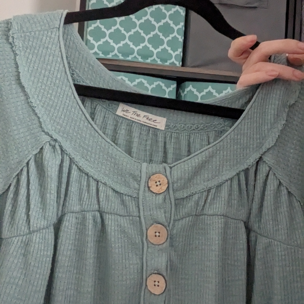 We The Free Free People Green Blue Waffle Thermal S - Picture 4 of 4